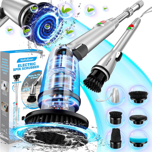 Rechargeable Cordless Electric Spin Scrubber with 5 Cleaning Brush Heads, Adjustable Shower Powerful Scrubber with Long Handle Extension Arm for Bathroom, Tub, Tile, Car, Floor