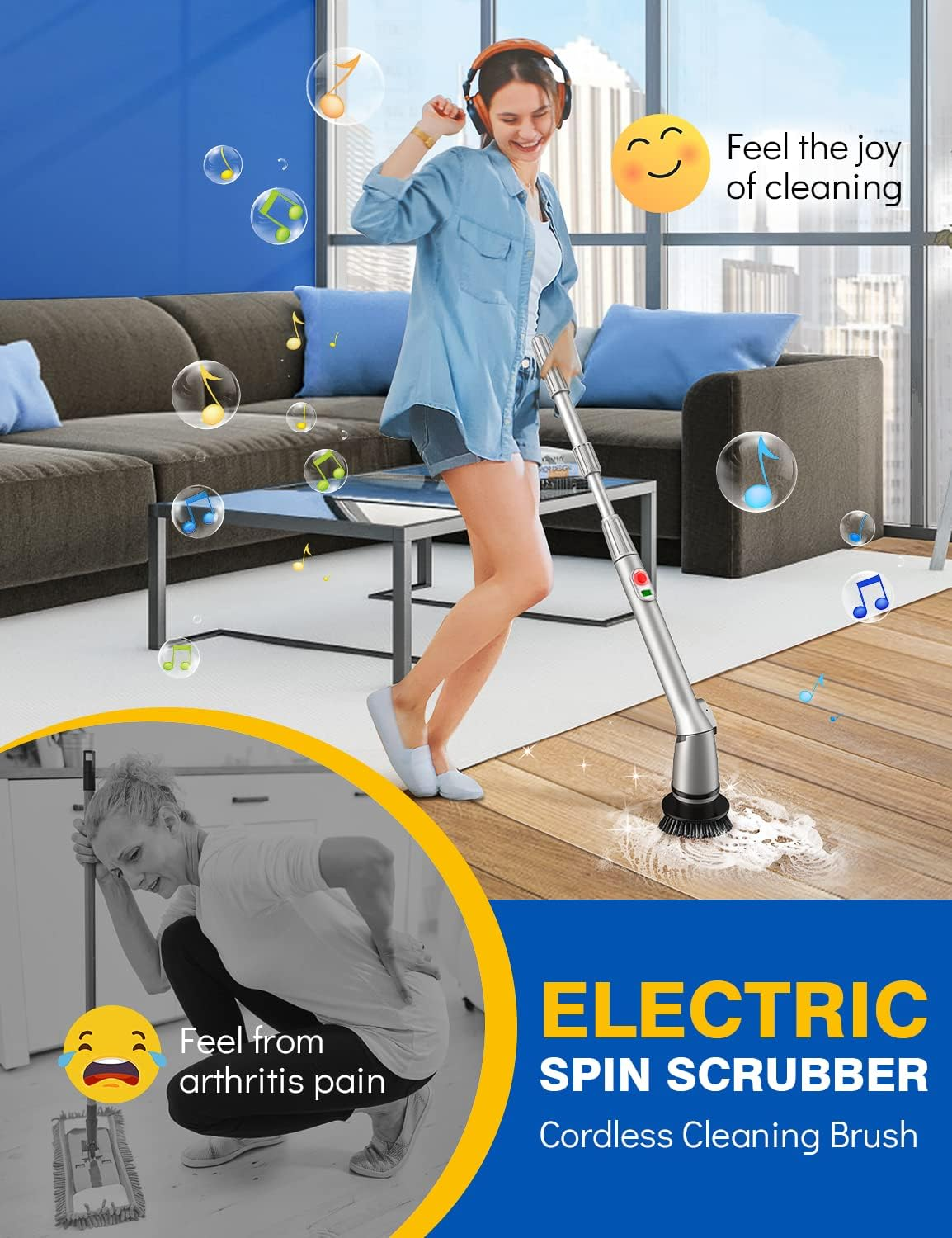 Rechargeable Cordless Electric Spin Scrubber with 5 Cleaning Brush Heads, Adjustable Shower Powerful Scrubber with Long Handle Extension Arm for Bathroom, Tub, Tile, Car, Floor