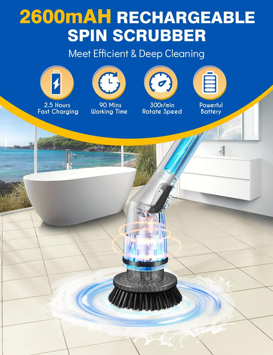 Rechargeable Cordless Electric Spin Scrubber with 5 Cleaning Brush Heads, Adjustable Shower Powerful Scrubber with Long Handle Extension Arm for Bathroom, Tub, Tile, Car, Floor