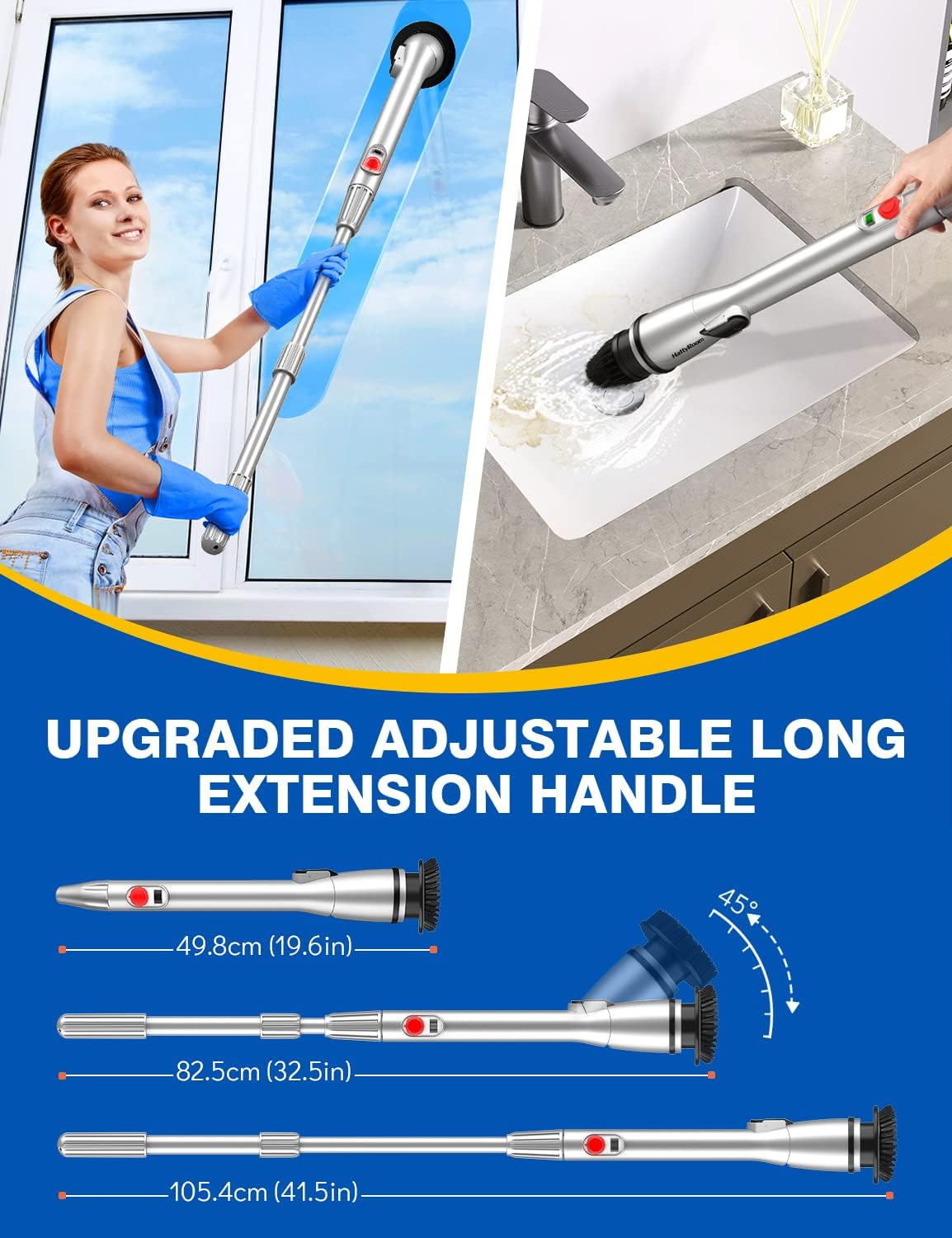 Rechargeable Cordless Electric Spin Scrubber with 5 Cleaning Brush Heads, Adjustable Shower Powerful Scrubber with Long Handle Extension Arm for Bathroom, Tub, Tile, Car, Floor