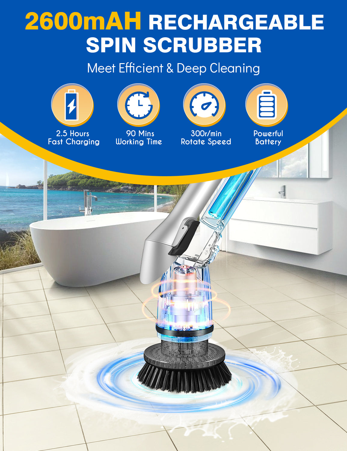 HattyRoom Rechargeable Cordless Shower Scrubber with 5 Replaceable Cleaning Brush Heads, Electric Spin Power Scrubber with Long Handle Extension Arm for Bathroom, Tub, Tile, Car, Floor