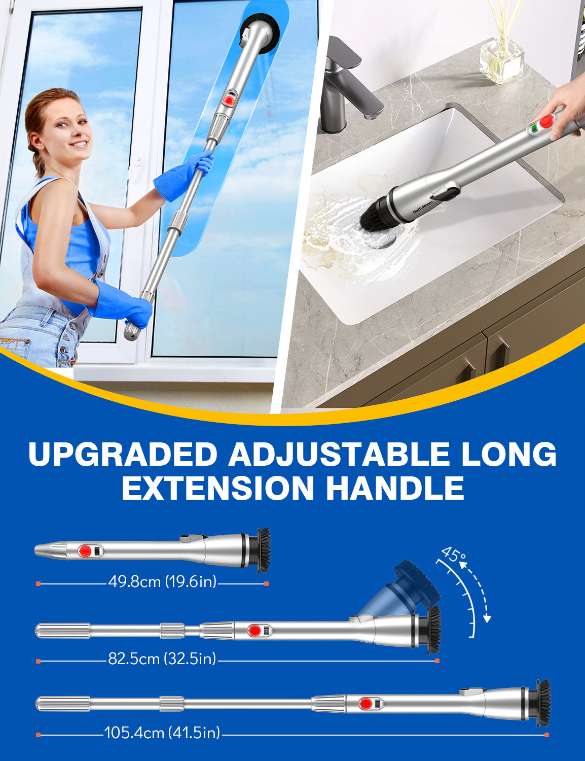 HattyRoom Rechargeable Cordless Shower Scrubber with 5 Replaceable Cleaning Brush Heads, Electric Spin Power Scrubber with Long Handle Extension Arm for Bathroom, Tub, Tile, Car, Floor